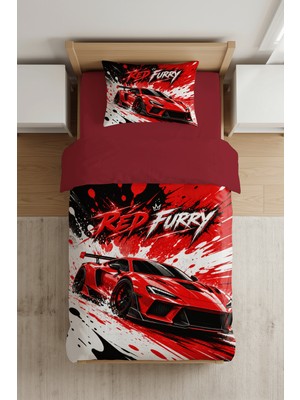 Luvis Store Red Furry Kırmızı Yarış Arabası Desenli Dijital Baskılı Tek Kişilik Erkek Çocuk Nevresim Takımı - Çarşafsız