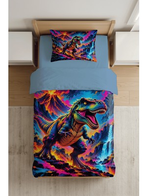 Luvis Store Colorful T-Rex Dinozor Desenli Dijital Baskılı Tek Kişilik Çocuk Nevresim Takımı - Çarşaflı