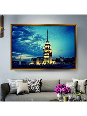  Giyense Tablo  Gece Kız Kulesi Manzaralı Çerçeveli Tablo Mavi Gökyüzü ve Deniz Görselli Istanbul Duvar Dekoru Salon Tablosu