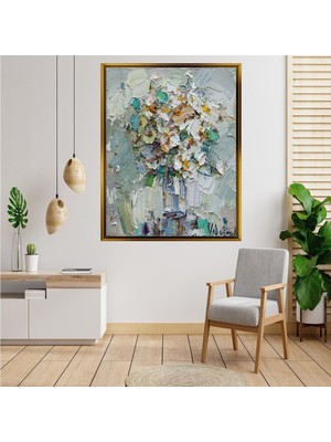 Giyense Tablo Modern Soyut Vazo Çiçekler Yağlı Boya Görünümlü Dokulu Salon Duvar Tablosu