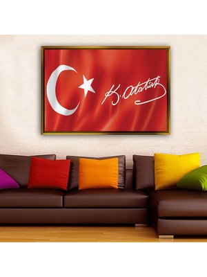  Giyense Tablo  Türk Bayrağı ve Atatürk Imzalı Çerçeveli Tablo Kemal Atatürk Görselli Ofis ve Ev Duvar Dekoru Salon Tablosu