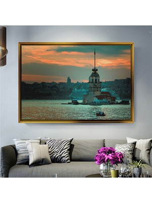  Giyense Tablo  Gün Batımı Kız Kulesi Çerçeveli Tablo Akşam Üstü Istanbul Boğazı ve Deniz Manzaralı Duvar Dekoru Salon Tablosu