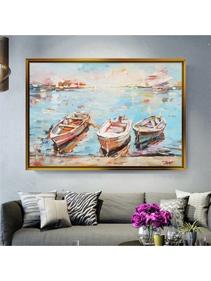  Giyense Tablo  Denizde Üç Sandal Yağlı Boya Görünümlü Çerçeveli Tablo Sahil Manzaralı Duvar Dekoru Modern Salon Tablosu
