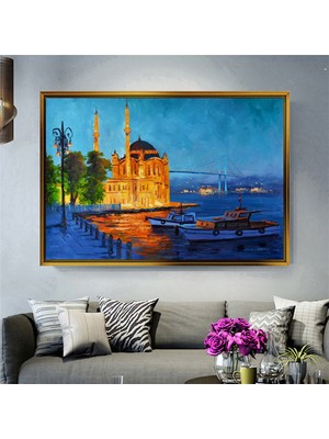  Giyense Tablo  Ortaköy Camii ve Boğaz Köprüsü Yağlı Boya Görünümlü Çerçeveli Tablo Gece Istanbul Manzaralı Duvar Dekoru Salon Tablosu