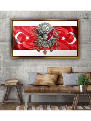 Giyense Tablo Kırmızı Beyaz Bayrak Zemin Osmanlı Arması ve Ay Yıldız Çerçeveli Kanvas Tablo