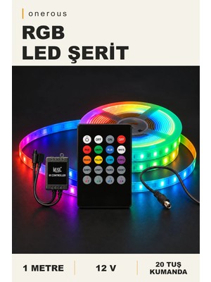 Onerous 1 M 12V Rgb LED Şerit, Müzik Kontrollü, 20 Tuş Kumandalı