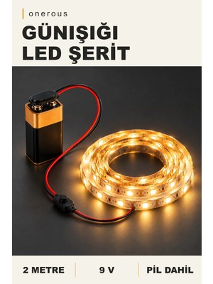 Onerous 2 M 9V Günışığı LED Şerit, Pilli, Pil Dahil, Anahtarlı, Yapışkanlı