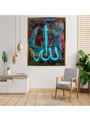 Giyense Tablo Renkli Arka Plan Üzerine Turkuaz Mavi Allah Yazılı Soyut Çerçeveli Kanvas Tablo
