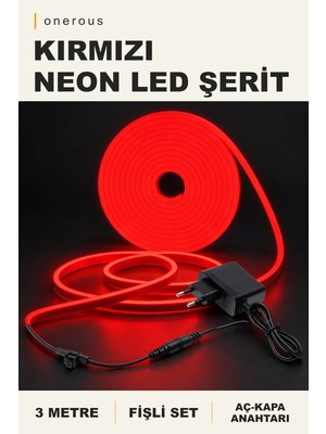 Onerous 3 M Kırmızı Neon LED Şerit, Anahtarlı, Fişli