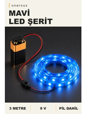 Onerous 3 M 9V Mavi LED Şerit, Pilli, Pil Dahil, Anahtarlı, Yapışkanlı