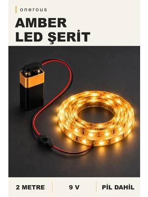 Onerous 2 M 9V Amber LED Şerit, Pilli, Pil Dahil, Anahtarlı, Yapışkanlı