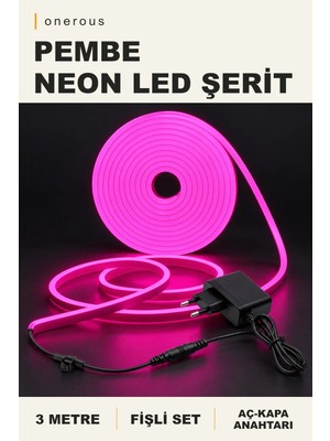Onerous 3 M Pembe Neon LED Şerit, Anahtarlı, Fişli