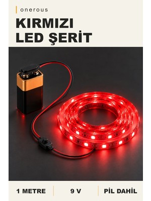 Onerous 1 M 9V Kırmızı LED Şerit, Pilli, Pil Dahil, Anahtarlı, Yapışkanlı