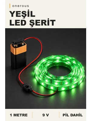 Onerous 1 M 9V Yeşil LED Şerit, Pilli, Pil Dahil, Anahtarlı, Yapışkanlı