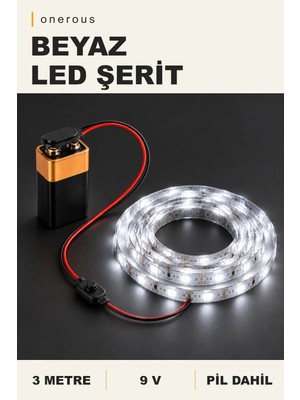 Onerous 3 M 9V Beyaz LED Şerit, Pilli, Pil Dahil, Anahtarlı, Yapışkanlı