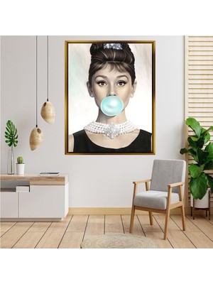  Giyense Tablo  Audrey Hepburn Pop Art Sakız Balonlu Altın Çerçeveli Kanvas Tablo