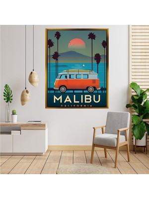 Giyense Tablo Malibu California Vintage Karavan ve Gün Batımı Manzarası Çerçeveli Kanvas Tablo