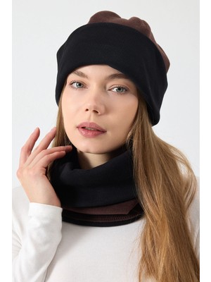 Butikgiz Kadın Dış Kısım Polar, Iç Kısım Kaşkorse Pamuklu, Çift Renk, Çift Kat, Katlanabilir Bere Boyunluk Set