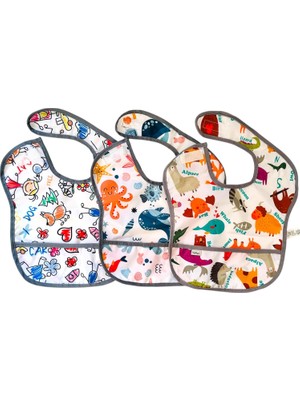 Str Store Bebek Mama Önlüğü, 3'lü Set, 6-24 Ay, Sıvı Geçirmez, Cepli, Cırtlı Kapamalı, 3 Farklı Desenli