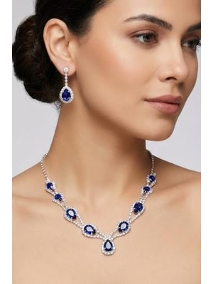 Pratik Ev Accessories Hürrem Model Mavi Taşlı Kolye Küpe Takı Seti Gerdanlık - Gelin Düğün Nişan Abiye Set