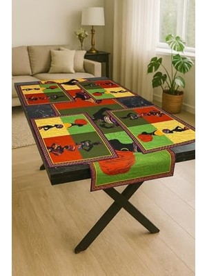 Pratik Ev Savana – 3D Kültürel Desenli Masa Runner & 4'lü Supla Takımı