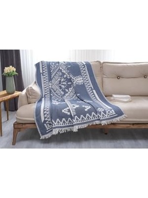 Pratik Ev Pyramid Koltuk Şalı, 130 * 180 cm Krem-Mavi 130 x 180, %100 Pamuk Yıkanmış Kumaş