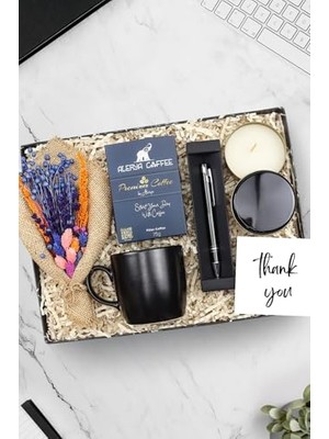 aklow akyoleticaret Metal Kutulu Mum & Tükenmez Kalem & Siyah Kupa & Alerya Filtre Kahve & Çiçek Buketi Hediye Seti