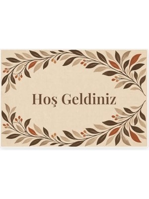 Pratik Ev Hoş Geldiniz Yazılı Yaprak Desenli Kapı Paspası, Makinede Yıkanabilir, Kaymaz Kauçuk Taban, Dijital Baskılı Kapı Önü ve Antre Paspası, Bej, 40X60 cm