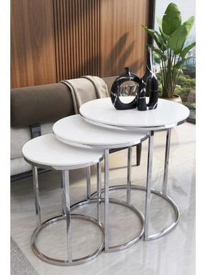 Usta Mekan Zigon Sehpa Seti Gümüş Metal ve Beyaz MDF Tabla Modern Tasarım 3 Adet