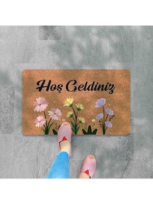 Kazan Hobi M&h Quality(45) Modern Dijital Baskı - Hoş Geldiniz Yazalı Paspas - Kaymaz Taban Kapı Önü Paspası Bej 45 x 70