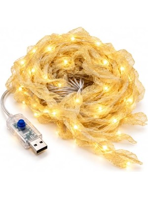 Kazan Hobi Peri 3x2 Metre Usb’li LED Işıklı Dekoratif Kurdele – Sıcak Beyaz Tül Şerit Oda Balkon Duvar Süsü
