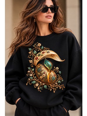 Giovera Gıovera Çiçek Motifli Kadın Siyah Premium Oversize Sweatshirt