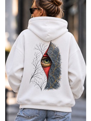 Giovera Gıovera Mystic Eye Gizemli Bakış Kadın Beyaz Premium Oversize Kapüşonlu Sweatshirt Hoodie -