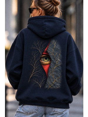 Giovera Gıovera Mystic Eye Gizemli Bakış Kadın Lacivert Premium Oversize Kapüşonlu Sweatshirt Hoodie -