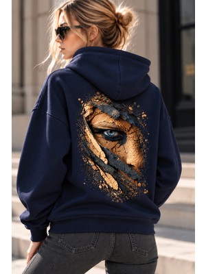 Giovera Gıovera Golden Gaze Altın Bakış Kadın Lacivert Premium Oversize Kapüşonlu Sweatshirt Hoodie -