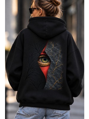 Giovera Gıovera Mystic Eye Gizemli Bakış Kadın Siyah Premium Oversize Kapüşonlu Sweatshirt Hoodie -