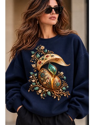 Giovera Gıovera Çiçek Motifli Kadın Lacivert Premium Oversize Sweatshirt