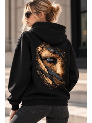 Giovera Gıovera Golden Gaze Altın Bakış Kadın Siyah Premium Oversize Kapüşonlu Sweatshirt Hoodie -