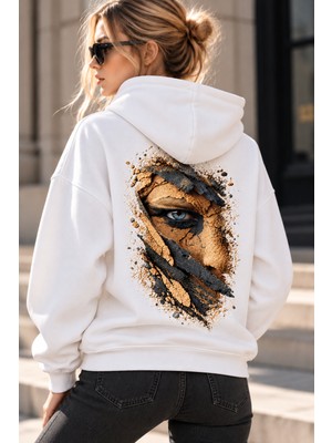 Giovera Gıovera Golden Gaze Altın Bakış Kadın Beyaz Premium Oversize Kapüşonlu Sweatshirt Hoodie -