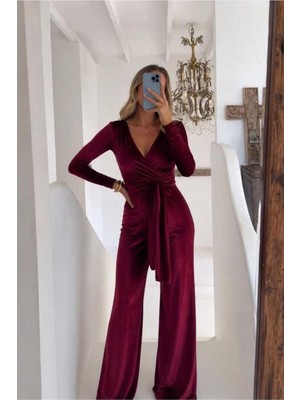 Trendexa Esnek Kruvaze Tulum Kadife Maxi Kuşaklı Yaka Kumaş · Renk: Sarı · Beden: L Mac