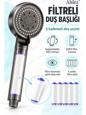 Myg Plus Filtreli Duş Başlığı, 5 Yedek Filtreli, Yüksek Basınçlı, Klor ve Kireç Önleyici, Su Arıtmalı