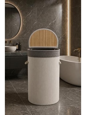 Rafta Lüks Bambu Kapaklı Kirli Çamaşır ve Oyuncak Sepeti Beyaz Renk 40X30X60 cm 72 Litre (Beyaz, 60X40X30, Oval)