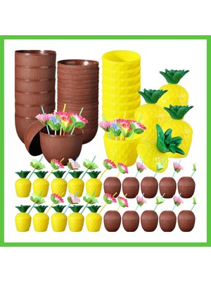 Bezos Tropikal Parti Bardak Seti ? Ananas ve Hindistan Cevizi Şekilli Pipetli Bardaklar (20 Adet) Vengners