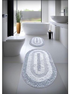 Happy Trend Pamuk El Tafting Banyo Paspas Seti, Banyo Halısı Cottonway 2 Li Set 60X100-60X50 (Gri)