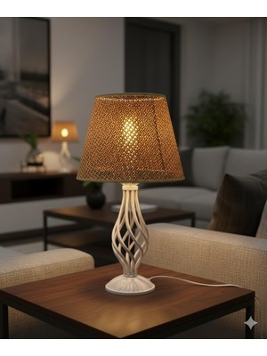 Happy Trend Rustik Burgulu Taşlı Metal Ayaklı 25'lik Hazeran ve Hasır Kumaş Şapkalı Abajur Masa Lambası (Kahverengi Rattan)
