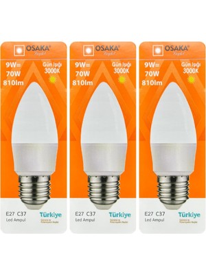 Happy Trend 9W (70W) Sarı Işık (3000K) E27 Duylu LED Mum Ampul, 3 Adet