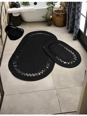 Için Moderin Paspas Seti 4'lü Takım Jüt Klozet Önü Hasır Lavoba Önü Paspas Havlu Sepeti Orta Boy Organizer Sepetli Takım (Siyah, 45 x 70 Cm, 55 x 85 Cm)