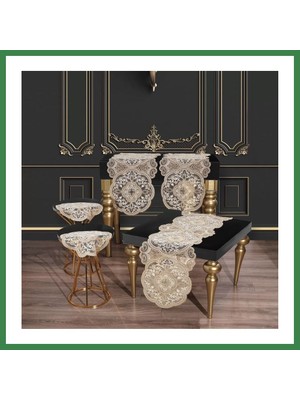 Bezos Alya Model Gold 5 Parça Salon Takımı Dantelli Masa Örtüsü Runner Seti BEZOS16