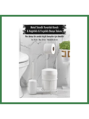 Bezos Metal Standlı Yuvarlak Kovalı & Kağıtlıklı & Fırçalıklı Beyaz Banyo Takımı BEZOS16