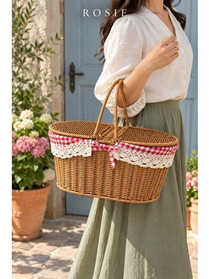 Rosie Rosıe Pötikare Desen Kumaş 2 Kapaklı Oval Piknik Sepeti 40 cm